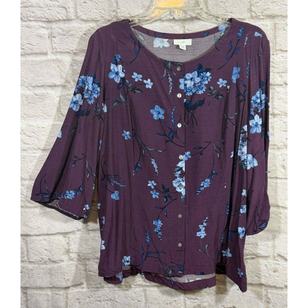 J Jill Blouse Top 1X Purple Floral Rayon Button Up 3/4 Sleeve Back Tie